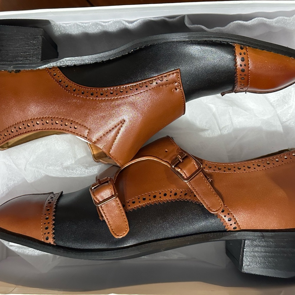 Brown and Black Leather Oxfords with Brogue Detailing